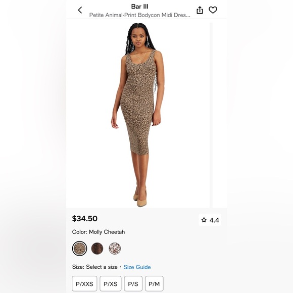 Bar III Cheetah‎ Print Bodycon Midi Dress, Size Petite Small NWT - Picture 2 of 9